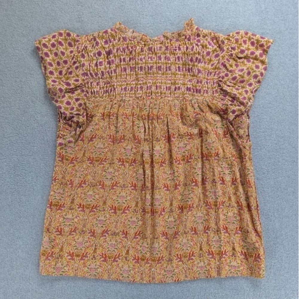 Rose + Olive Womens Smocked Floral Flutter Sleeve Blouse Yellow Pink Small 16x23